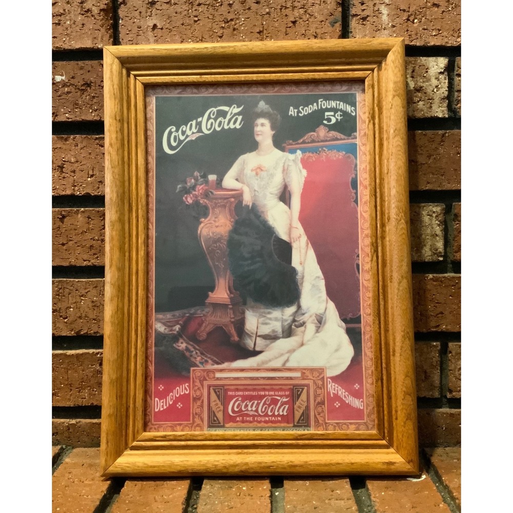 Vintage Coca-Cola Framed Victorian Woman Soda Fountain Advertising Print Oak